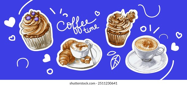 Eine Kollektion von Kaffee- und Gebäckaufklebern auf blauem Hintergrund. Leckeres Croissant, Cupcake, eine Tasse Kaffee. Leckeres Frühstücksessen, flache Vektorgrafik. Handgezeichnet. Nicht KI. EPS 10.