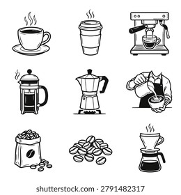 Collection of coffee related items including machines cups and beans illustration