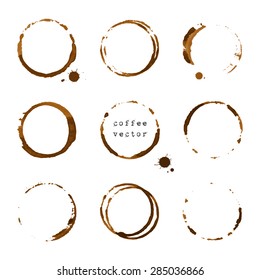 Collection of coffee round stains and blots on white background