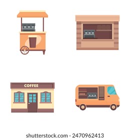 Collection of coffee shop illustrations featuring a variety of mobile trucks. Kiosks. And carts. Perfect for showcasing the modern concept of urban coffee culture and entrepreneurial small businesses