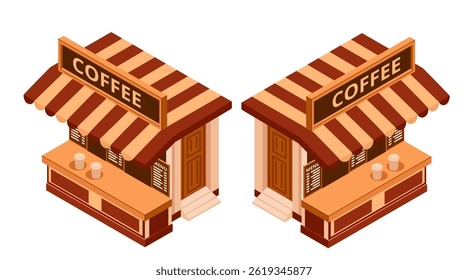 Collection of coffee shop kiosks. Wooden coffee stands with striped awnings. Small commercial coffee booths. Outdoor coffee selling points. Vector illustration isolated on white background.