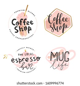 Collection of coffee shop logotypes, vector symbols with pastel color illustrations and gold foil decoration, simple modern style, handwritten lettering, good for cafe, espresso bar or cafeteria.