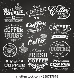  Collection of coffee shop sketches, labels and typography design on a chalkboard background