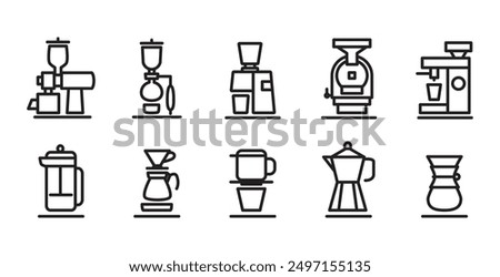 Collection of coffee shop tools icons. Coffee making equipment icons set. Contains icons such as manual grinder, espresso machine, siphon, and roaster. Vector illustration in transparent background.