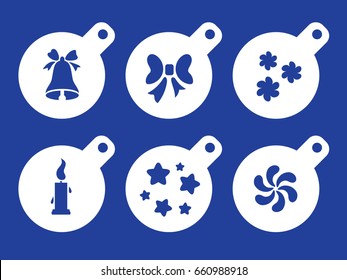 Collection of coffee stencils. For drawing picture on cappuccino. Vector set of template. Silhouettes of bell, bow, candle, flowers. Laser cutting, wood carving sample.