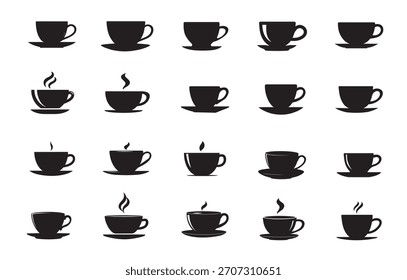 Collection of coffee and tea cup silhouettes with steam or without steam