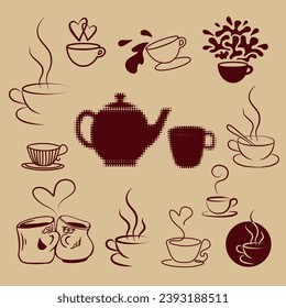 Colección de tazas de café y té con bebida caliente. Icono vectorial o elemento de diseño para logotipo o signo de café, cafetería, tienda, cartel, publicidad de tienda o decoración
