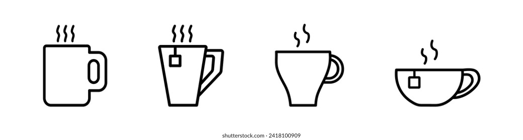 Collection coffee and tea cups. Symbol cup of tea with steam. Tea bag in a mug. Hot drink icon in vector design style