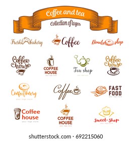 Collection of coffee and tea logos, Coffee shop, bakery and confectionery, fresh pastries, sweets, tea and cocoa