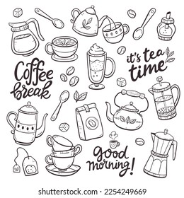Collection of coffee and tea products. Doodle cliparts of teapots, cups, coffee, herbal teas... Isolated objects on a white background. Background to create patterns or use the objects individually.