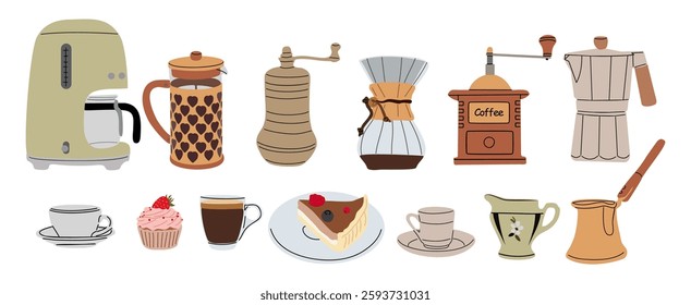 A collection of coffee and tea related items, including a coffee grinder, a coffee maker, and a teapot. Vector flat illustrations isolated on white background