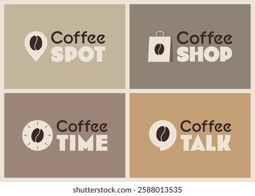 Collection of coffee themed logo designs. Illustration featuring spot, shop, time, talk with coffee beans. Perfect for branding, cafes, coffee shops or promotional materials. Minimal style logo design