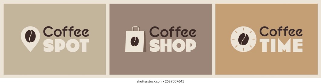 Collection of coffee themed logo designs. Illustration featuring spot, shop and time with coffee beans. Perfect for branding, cafes, coffee shops or promotional materials. Minimal style logo design