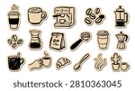 Collection of coffee themed stickers including french press moka pot coffee beans disposable cups espresso machine milk pitcher and croissant snacks charming hand drawn illustrations for cafe branding menu design stationery items morning beverage concept artistic doodle art.