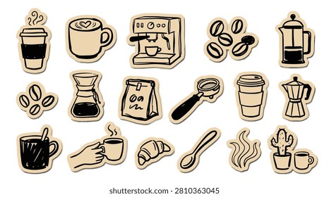 Collection of coffee themed stickers including french press moka pot coffee beans disposable cups espresso machine milk pitcher and croissant snacks charming hand drawn illustrations for cafe branding menu design stationery items morning beverage concept artistic doodle art.