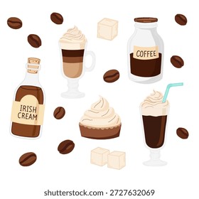 Eine Sammlung von Vektorsymbolen zum Thema Kaffee, darunter eine Flasche irische Sahne, ein Kaffeeglas, Latte, Frappe mit Schlagsahne und Kaffeebohnen.