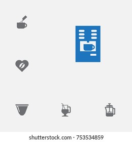 Collection Of Coffeemaker, Latte, Mug And Other Elements.  Set Of 6 Drink Icons Set. 