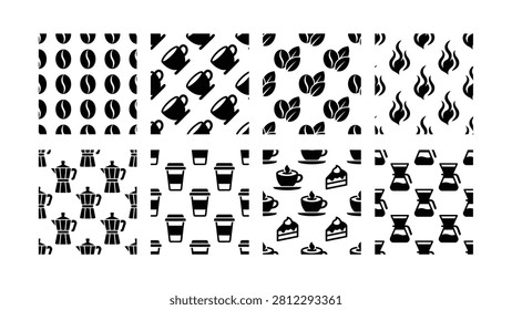 Collection of coffeerelated icons showing beans cups brewing equipment and flames on transparent background