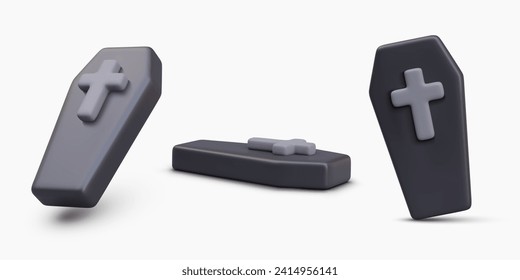 Collection with coffin with cross in different positions. Concept of timber old grave open lid. Celebration Halloween objects in realistic style. Horror, fear. RIP. Vector illustration in 3d style