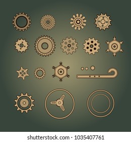 Collection of cogs. Isolated from the green gradient background. Steam Punk. Beige color. 