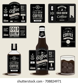 Collection of cold brew coffee labels Vintage Style in bottles and glass