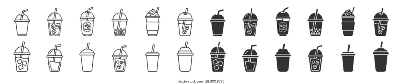 collection of cold drink cup icons line and solid style beverage container illustrations on transparent background