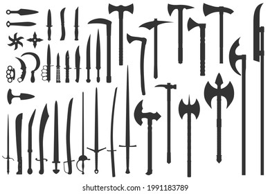 Collection Of Cold Steel Arms: Swords, Axes, Knives, Sabers, Shurikens. Set Of Black Vector Silhouettes. Military Design Of Knight Equipment. Middle Heraldic Symbols Of Courage And Belligerence. 