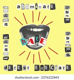 Collection collage elements. open mouth, teeth, lips and cut out text halftone style. Scream, hate, fake news concept. Punk y2k retro magazine clippings on yellow background. Vector illustration