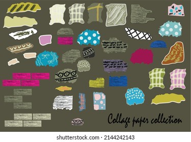 Collection of collage paper. A set of pieces of paper, different shapes. Cheerful collage. Hand drawn modern design. Various shapes and hand-drawn textures. Digital vector illustration 