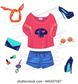Collection collage of summer women's fashion clothing items isolated white background - vector illustration, icon, sign, symbol