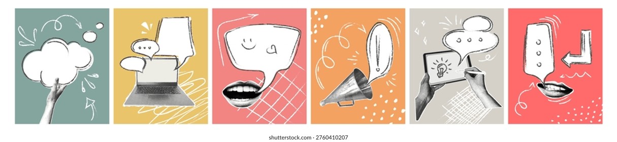 A collection of collages with elements of communication and technology. Trendy halftone collage. A human hand holding a speech bubble, a laptop with a chat icon, a shouting mouth, a megaphone, a