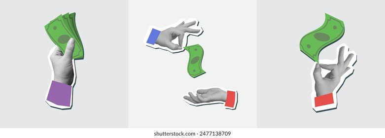 Collection of a collages with a hands with a green banknotes. Vector illustration in a modern collage style