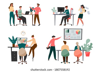 Colección de colegas en el cargo. Conjunto de trabajadores en el lugar de trabajo trabajando, hablando, discutiendo momentos de trabajo, vector