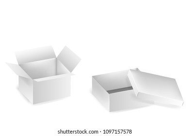 Collection of collections of open boxes. Set of gift white cardboard boxes isolated on white background. A set of isolated packing boxes. Realistic cardboard box, container, packing.