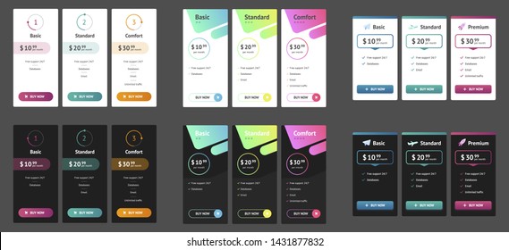 Collection of Coloful Pricing Table Design Templates for Websites and Applications. Vector Pricing Plans with Icon Set. Flat Style Vector Illustration