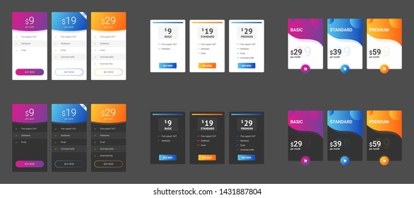 Collection of Coloful Pricing Table Design Templates for Websites and Applications. Vector Pricing Plans with Icon Set. Flat Style Vector Illustration