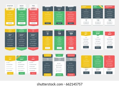 Collection of Coloful Pricing Table Design Templates for Websites and Applications. Vector Pricing Plans with Icon Set. Flat Style Vector Illustration