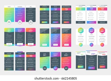 Coleção de Modelos Coloful Pricing Table Design para Sites e Aplicativos. Planos de Precificação de Vetor com Conjunto de Ícones. Ilustração de vetor de estilo plano