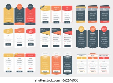 Collection of Coloful Pricing Table Design Templates for Websites and Applications. Vector Pricing Plans with Icon Set. Flat Style Vector Illustration