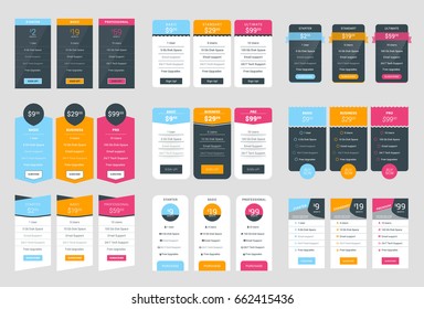 Collection of Coloful Pricing Table Design Templates for Websites and Applications. Vector Pricing Plans with Icon Set. Flat Style Vector Illustration