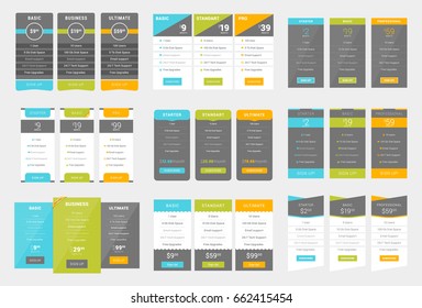 Collection of Coloful Pricing Table Design Templates for Websites and Applications. Vector Pricing Plans with Icon Set. Flat Style Vector Illustration
