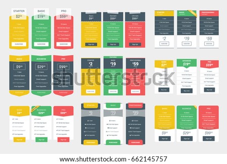 Collection of Coloful Pricing Table Design Templates for Websites and Applications. Vector Pricing Plans with Icon Set. Flat Style Vector Illustration
