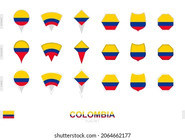Colección de la bandera de Colombia en diferentes formas y con tres efectos diferentes. Indicador de vector establecido.