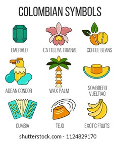 The collection oа colombian symbols tejo national sport, cattaleya trianae flower, cumbia genre of music. Made in flat line style. Perfect for souvenir products, infographic, travel agency. 