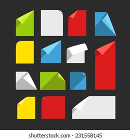 Collection of color blank paper sheets with bending corners. Flat design template 