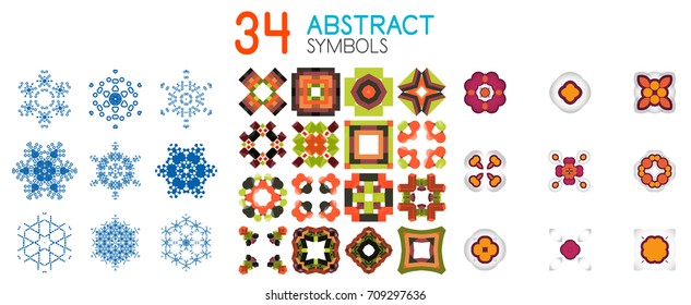 Collection of color bright abstract geometric symbols, symmetric vector icons. Modern illustrations