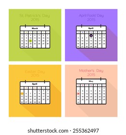 Collection of color cards with calendars for spring holidays - St. Patricks Day, April Fools Day, Easter, Mother's day 