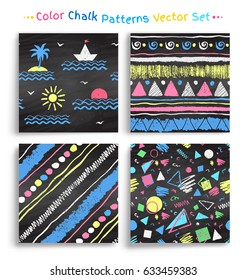 Collection of color chalked grunge seamless patterns on black chalkboard background.