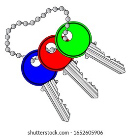 A collection of color coded latch keys on a white background