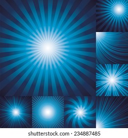 Collection Of Color Dark Blue Burst Background. Vector Illustration